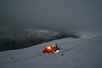 Camping at a misty snowy mountain top