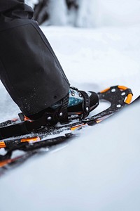 Closeup of snowshoes at a snowy peak
