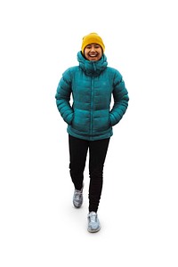 Woman wearing an insulated hooded jacket ready to go for a hike