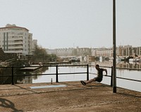 Man working out by the canal in a quiet Bristol due to the covid-19 pandemic. APRIL 10, 2020 - BRISTOL, UK