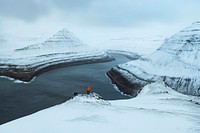 View of snowy Hvíthamar mountain in the Faroe Islands