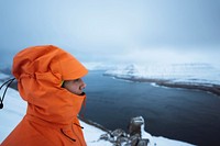 View of snowy Hvíthamar mountain in the Faroe Islands