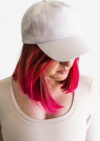 Women's white cap psd mockup street style