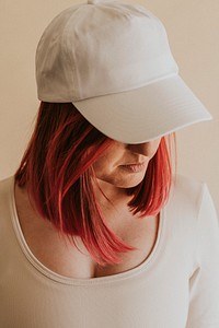 Pink hair woman in white cap mockup