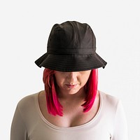 Woman in a gray bucket hat apparel psd mockup