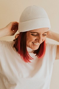 Woman in a white beanie hat apparel mockup
