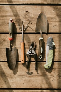 Gardening tools on a wooden background flatlay