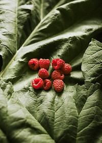 Fresh organic raspberries on green leaf flatlay