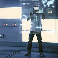 Man with VR headset touching a holographic screen