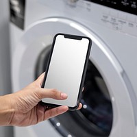 Phone screen mockup psd controlling smart home appliances and laundry machine