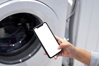 Phone screen mockup psd controlling smart home appliances and laundry machine
