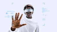 Man wearing smart glasses scanning palm on a virtual screen