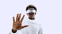 Man wearing smart glasses touching a virtual screen