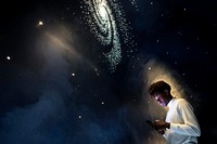 Man experiencing the universe at a planetarium 