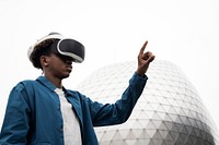 Man with vr headset experiencing a city from the future