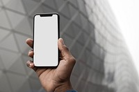 Smartphone screen mockup psd by a modern office building