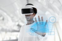 Man with VR headset mockup touching a holographic screen psd