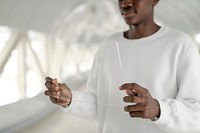 Man holding transparent tablet in his hands