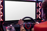 Screen mockup of car racing arcade game psd