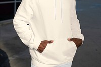 Cream trendy hoodie mockup psd closeup menswear fashion shoot