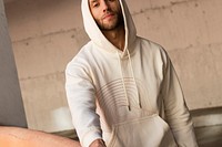 Beige trendy hoodie mockup psd street style menswear fashion shoot