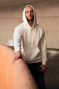 Beige trendy hoodie mockup psd street style menswear fashion shoot