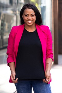 Female black tee mockup psd under pink suit stylish business casual look outdoor photoshoot