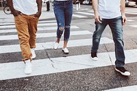 Streetwear apparel jeans mockup psd men and women crossing road in city