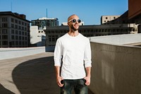 Stylish white jumper mockup psd men&rsquo;s streetwear fashion apparel city shoot