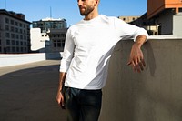 Men&rsquo;s jumper white mockup psd street style fashion apparel shoot
