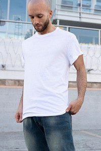 Basic white t-shirt mockup psd men’s fashion apparel outdoor shoot