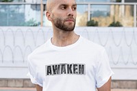 Awaken white t-shirt mockup men&rsquo;s simple streetwear outdoor shoot