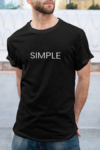 Simple black t-shirt mockup psd streetwear men&rsquo;s fashion apparel outdoor shoot