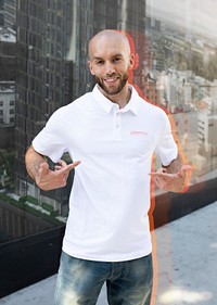 Menswear polo shirt mockup psd white casual apparel outdoor shoot