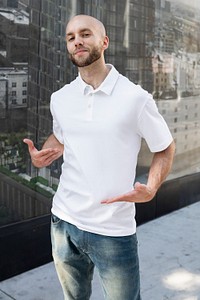 Menswear polo shirt mockup psd white casual apparel outdoor shoot