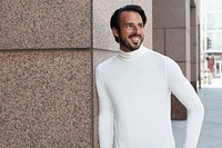 Turtleneck shirt mockup psd white outdoor fashion shoot
