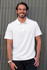 White polo shirt mockup psd street style menswear fashion apparel shoot