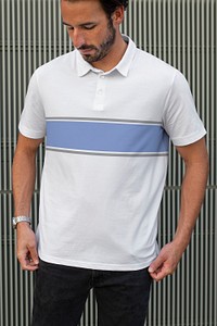 Menswear polo shirt white with stripes casual apparel outdoor shoot