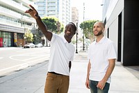 Menswear polo shirt mockup psd white fashion apparel city shoot