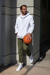 White hoodie mockup psd man with basketball