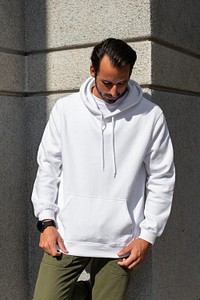 White trendy hoodie mockup psd street style menswear fashion shoot