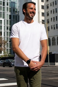 Casual dressed man mockup psd crossing the road outdoor photoshoot