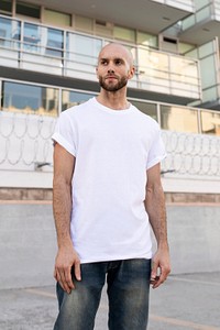 Casual white t-shirt man in the city apparel shoot