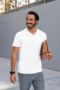 Casual white t-shirt mockup psd man in the city apparel shoot