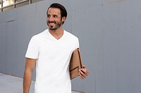 Casual white t-shirt mockup psd man in the city apparel shoot