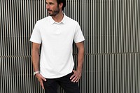 Menswear polo shirt mockup psd white casual apparel outdoor shoot