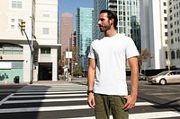 Casual dressed man crossing the road outdoor photoshoot