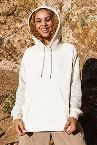 Women’s white hoodie psd mockup basic winter apparel photoshoot