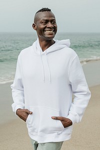 Men&rsquo;s white hoodie psd mockup beach apparel photoshoot