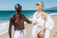 Couple’s swimwear psd mockup shorts and one-piece swimsuit beach apparel